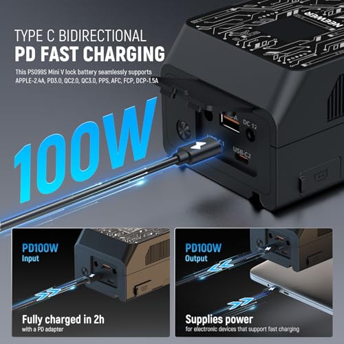 Image of NEEWER Smart Mini V Mount Battery NEEWER APP Control, 6800mAh 99Wh 14.5V with 100W PD Fast Charging, OLED, Dual USB C /D Tap /BP /USB A /Dual DC Ports, Compatible with BMPCC 4k 6k Camcorder Camera, PS099S