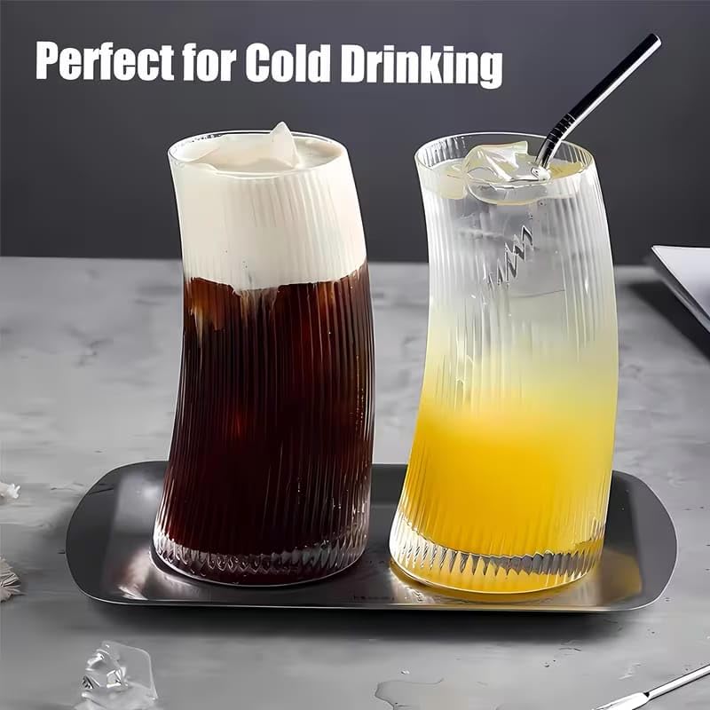 Image of PrimeWorld 520 ml Stripe Slanting Moon Shape Glass | Creative Cocktail, Juice & Milk Drinking Glass | Unique Designer Glass Tumbler for Parties, Home & Cafe