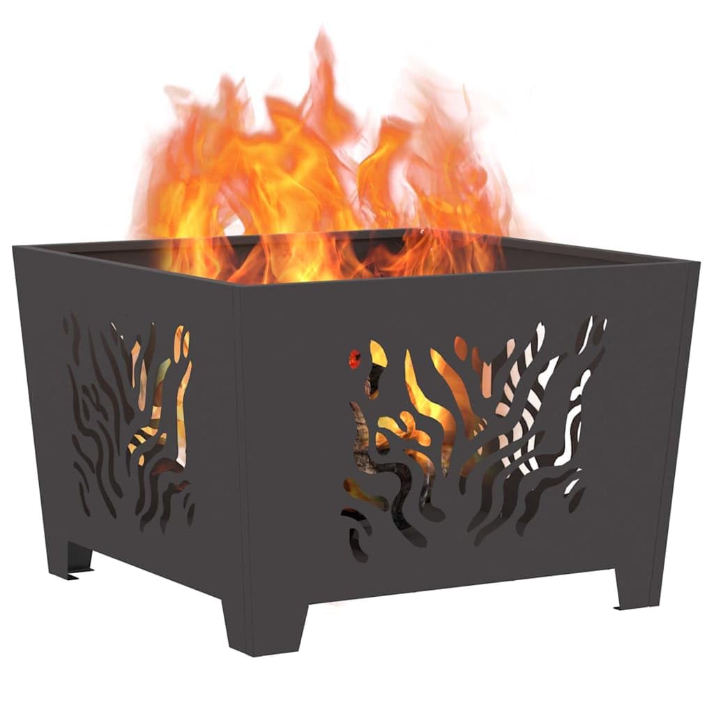 Quadratische Feuerstelle Schwarz aus Stahl 60 x 60 x 40 cm, 7,15 kg, tragbarer Outdoor Kamin Ofen für Terrasse Balkon, mit Brennraum und Flammschutz und 600 C