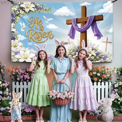 Image of KatchOn, Large Happy Easter Banner - 72x44 Inch | He is Risen Backdrop for Easter Decorations, Christian Easter Decorations | Easter Photo Backdrop, He Is Risen Decor, Jesus Spring Party Decoration
