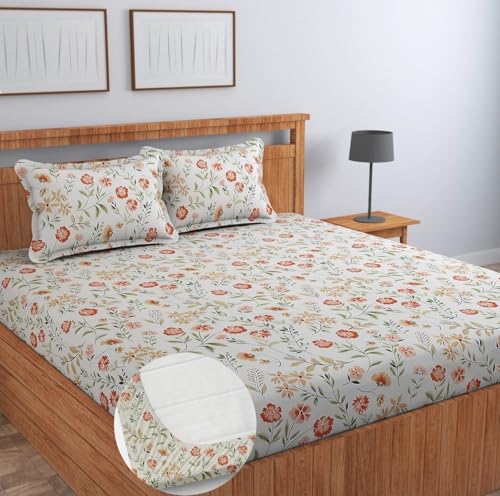 Image of NHD HOME 220 TC Cotton All Around Elastic Fitted Printed Bedsheets King Size, Fitted Bedsheets King Size for Double Bed with 2 Pillow Covers, Size- 78 x 72+10, Off White Red