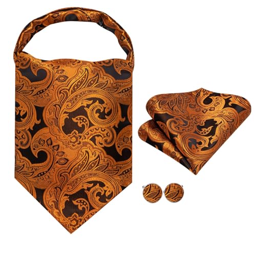 Image of Hi-Tie Silk Ascot for Men Self Tie Men's Cravat and Flower Lapel Pin Handkerchief Cufflinks Set for Wedding Party