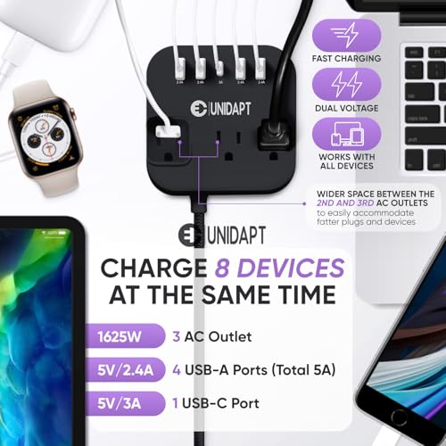 Image of European Plug Adapter, Unidapt US to UK Europe Power Strip for EU /UK /US with USB C and 4 USB Ports, 3 AC Outlets, Wall Mountable, 5ft Extension Cord, for Travel Cruise Ship Home (Black)
