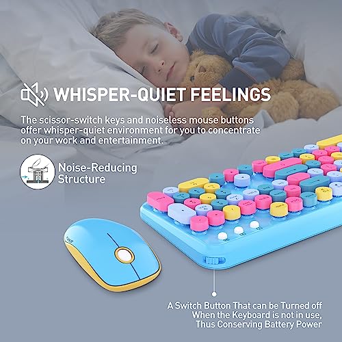 Image of Colorful Wireless Keyboard and Mouse Combo, Cute Blue Typewriter Style Round Key Keyboard, 2.4GHz Fun Bubble Full Size Aesthetic Retro Keyboard with Number Pad for Long Nails PC Laptop Desktop