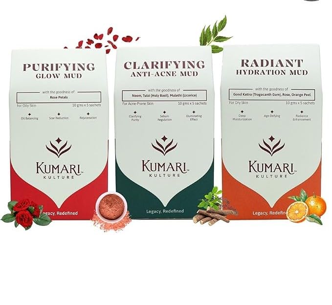 Trio Face Mask, Purifying Glow Face Pack with Rose Petals, Clarifying Face Pack with Licorice, Radiant Hydration Face Mask with Orange Peel, 10 gms x 15 Sachets