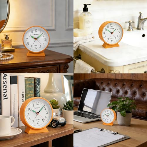 Image of 4.5 Inch Small Silent Analog Alarm Clock, Retro Battery Operated Desk Clock with Night Light Stays On 4 Seconds Vintage Metal Table Clock for Bedside, Nightstand, Bedroom, Office, Bathroom - Orange