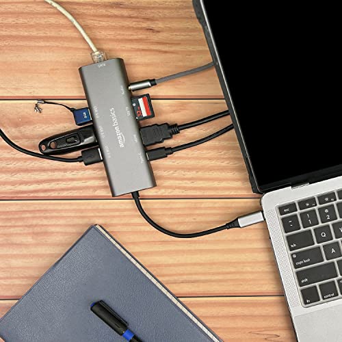Image of Amazon Basics USB-C Hub Dock 9-in-1 Aluminium Type-C Adapter with 4K HDMI, Ethernet 1000mbps Port, 3 USB 3.0, USB-C Power Delivery, 3.5mm Audio only, TF /SD Card Reader, Mac & Windows USB-C Devices