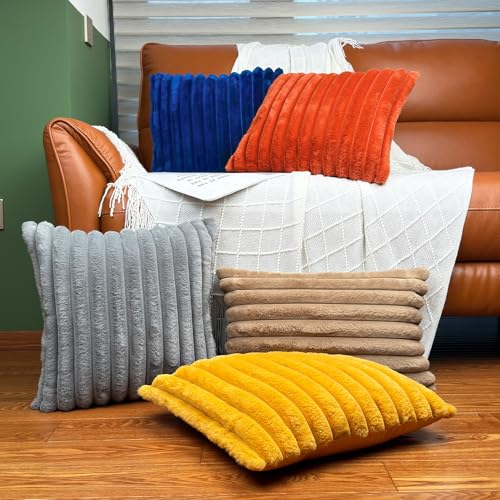 24x24 Pillow Covers, Decorative Faux Fur Throw Pillow Covers for Couch, Sofa Soft Fluffy Pillow Cover with Velvet Back for Living Room, Neutral Home Décor Accent for Bed - Burnt Orange