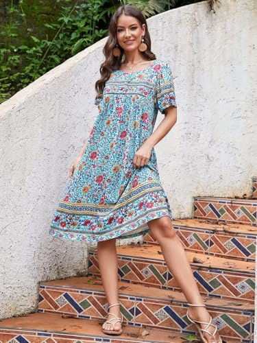 Womens Nightgown Short Sleeve House Dress with Pockets-Floral Print Mumu Dress S-3XL3