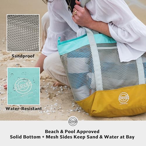 STOVER Large Mesh Beach Bag, Vacation, Pool, Shopping, & Travel Tote - Foldable w/Storage Pockets for Women, Men & Families3