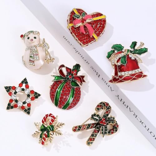 Image of Christmas Brooch Pins Crystal Christmas Tree Snowflake Jingle Bell Reindeer Enamel Brooches Holiday Party Gift for Women