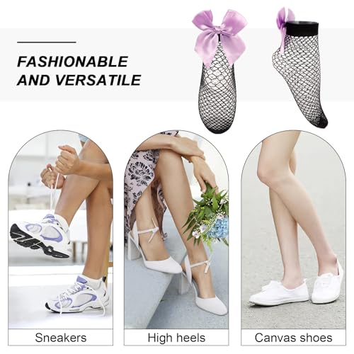 Amosfun 5 Pairs Japanese Fishnet Ankle Socks with Bowknots – Elastic Non-Slip Short Socks in Black, White, Red, Purple and Rose3