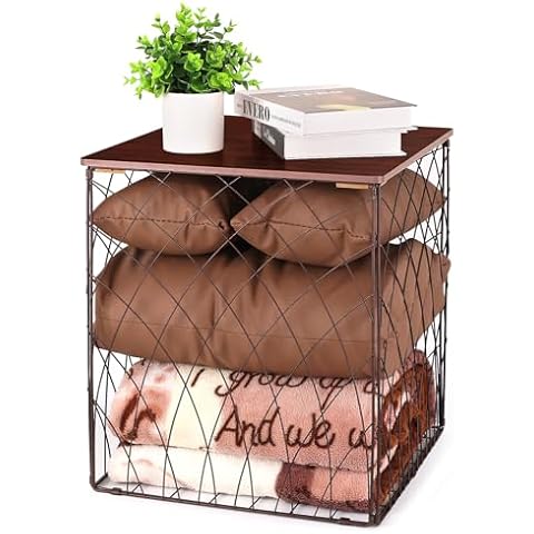 Aurynns Small Coffee Table Storage, Square End Tables Blanket Basket with Lid for Living Room Folding Storage Side Table 1 Pack Cover