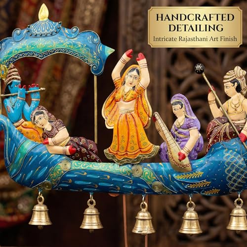 Image of KRAFTSKALA Radha Krishna Nauka Vihar Showpiece for Home Decor Wall Hanging & Tabletop | Metal Peacock Boat Raas Leela Statue with Wooden Base | Large Spiritual Decorative Idol