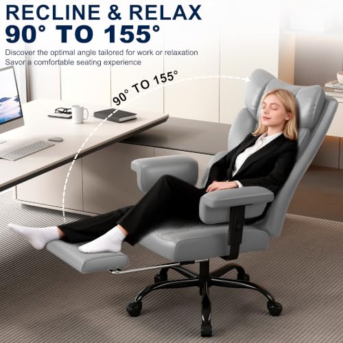 Image of Misolant Big and Tall Office Chair with Footrest, High Back Executive Desk Chair with Adjustable Lift Armrest, 155Recline,Lumbar Support Pillow, Faux Leather Gaming Chairs for Home or Office Gray