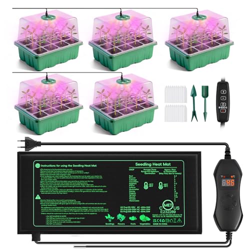 YAUNGEL Zimmergewächshaus Anzuchtkasten mit Pflanzenlampe Heizmatte, 5 Stück Mini Gewächshaus Anzucht Set mit Thermostatregler einstellbare Helligkeit, Verdicken Gewächshaus mit Deckel und Belüftung