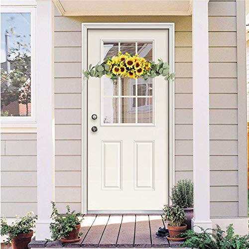 Homcomoda Artificial Sunflower Swag With Eucalyptus, 28 Inch Artificial Floral Door Decorative Arch Wreath Centerpiece For Door Wedding Party Wall Backdrop Fireplace Garden Home Decoration #TOP6