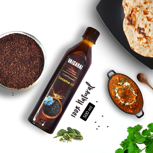 Image of VAIGARAI Wood /Cold Pressed Sesame /Till Oil 500 Ml (Half Litre) | Kachi Ghani /Chekku Gingelly Oil | Unrefined & 100% Pure | Cooking & Oil-Pulling Use