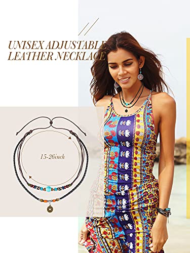 Hicarer 9 Pieces Bohemian Western Jewelry Set for Women Turquoise Vintage Dangle Earrings Set Boho Retro Rhinestone Drop Earrings Multi-layer Beaded Leather Bracelet and Turquoise Bead Necklace4