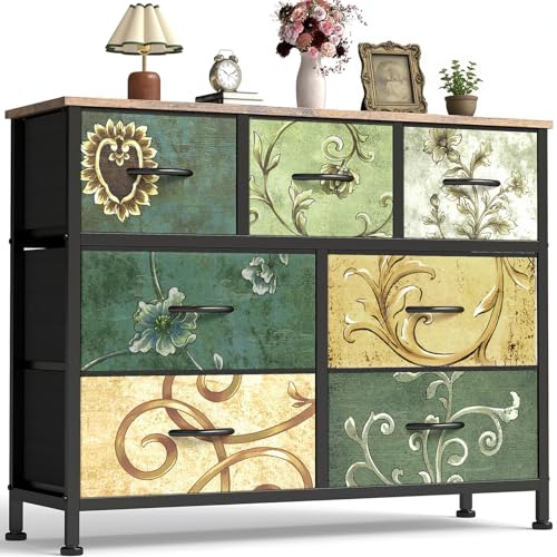 Image of OLIXIS 7 Drawer Closet Organizer, Storage Tower with Sturdy Steel Frame | Dresser for Bedroom, Wooden Top & Easy Pull Fabric Bins, Clothes Organization, Living Room Entryway, Floral