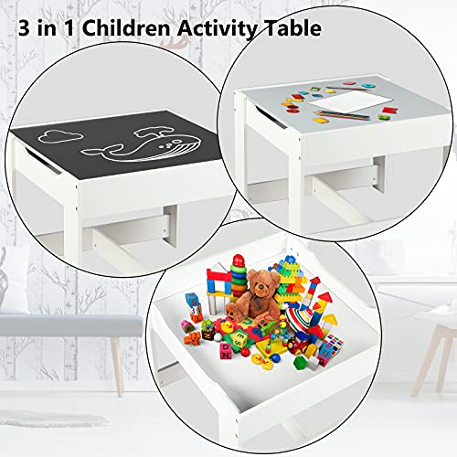 Kinder King Kids Wood Table & 2 Chairs Set, 3 In 1 Children Activity Table W/Storage, Removable Tabletop, Blackboard, 3-Piece Toddler Furniture Set For Art, Crafts, Drawing, Reading, Playroom, Grey #TOP1