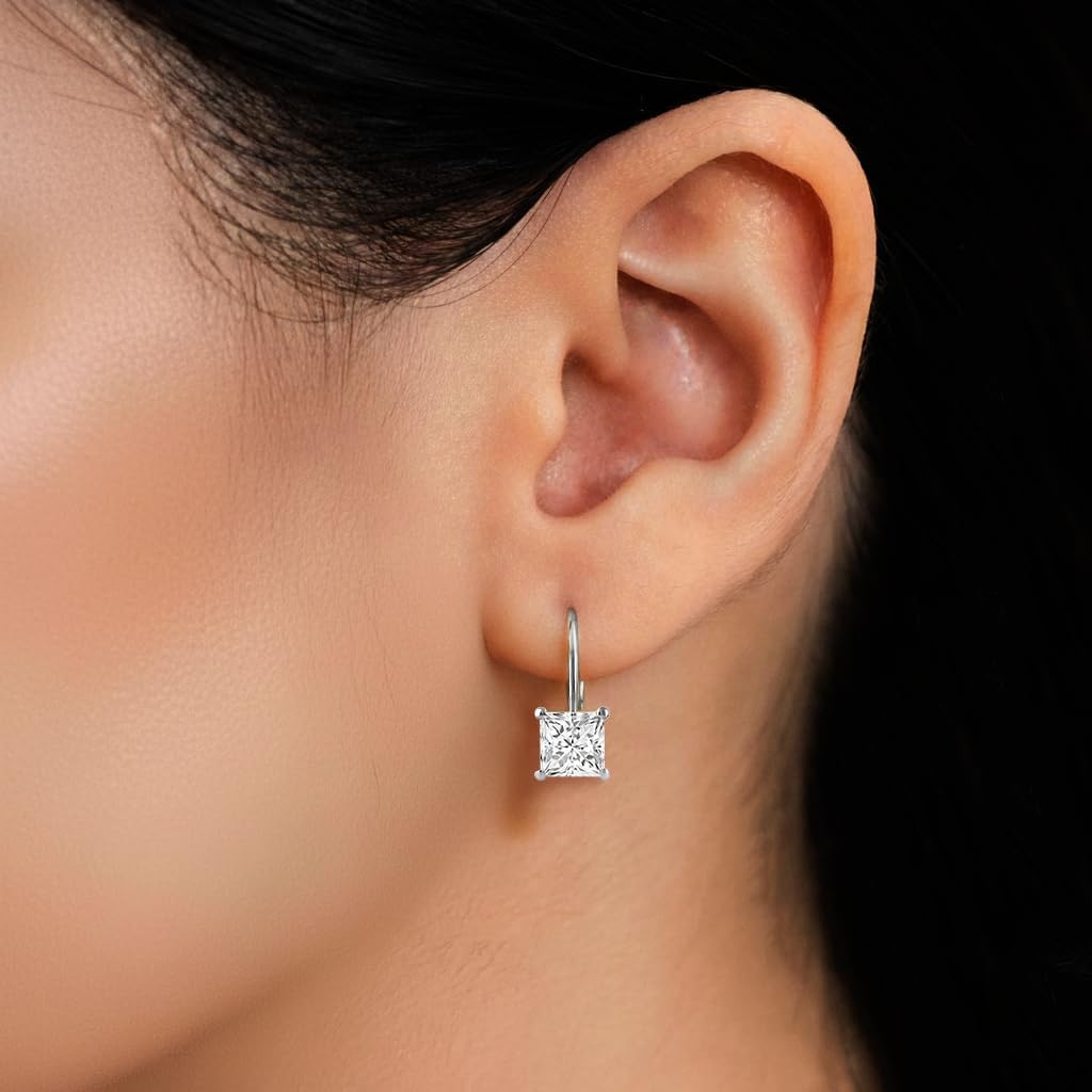 14K Solid Gold Earrings | Round Princess Cushion Oval Pear and Emerald Cut Cubic Zirconia|Lever back Drop and Dangle Basket Setting | 0.50 to 2.0 CTW | With Gift Box