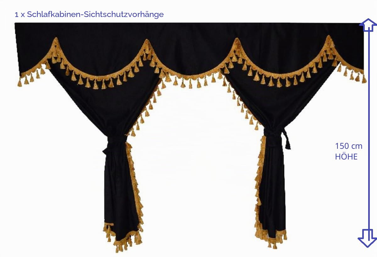 Generisch LKW-Vorhänge, komplettes Set, schwarz mit goldenen Quasten, geeignet für Mercedes, Mann, DAF, Volvo, Scania, Renault