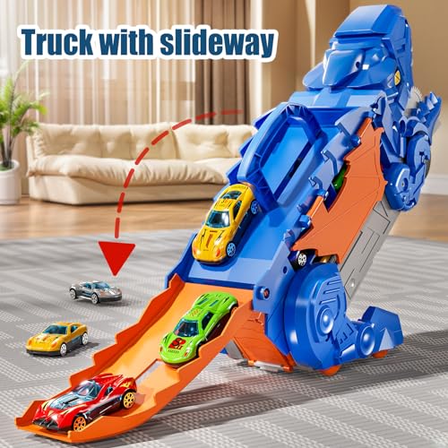 MAGICDINOSAUR Transformed Dinosaur Truck Toy with 10 Diecast Racing Cars, Dino Transport Car with Wings and Handle for Kids, Birthday Gift for 3 4 5 6 7 Year Old Boys Girls - Thumbnail 6