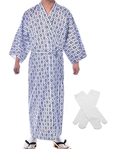 Japanese Casual Kimono Traditional Easy Wearing Cotton Yukata Robe for Men with Belt and tabi Socks(007,L)