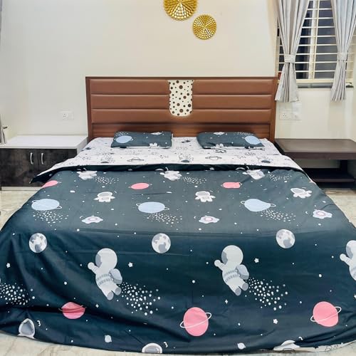 Image of Famyo King Size Bedding Set 4 Pc 250 TC Astronaut Space Design | Includes fitted bedsheet, comforter cover & 2 pillow covers, soft 250 TC bedding set in grey & white