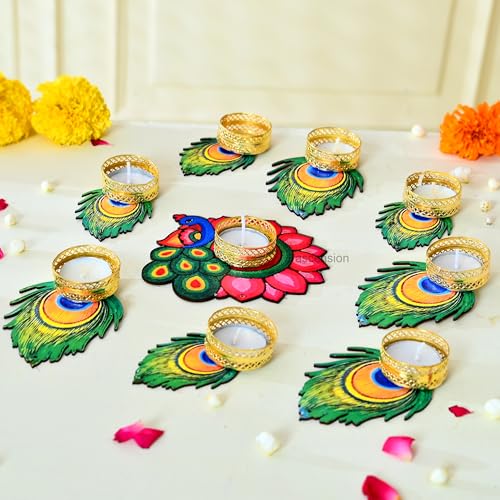 Image of Ascension Decorative Peacock Tealight Candle Holder Stand Set of 9 - Mor Pankh Design Reusable Diya for Diwali Floor Rangoli Decoration Items, Home Decor, Diyas Indoor Outdoor Office Gifting,