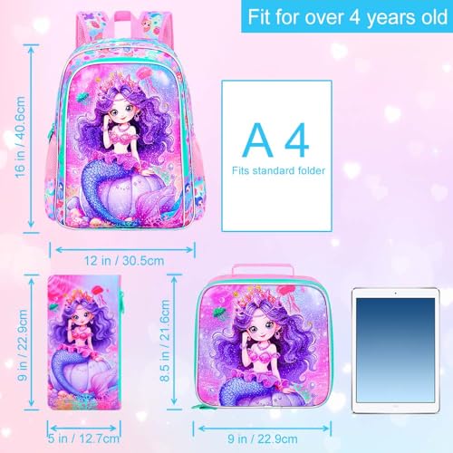 Image of HPJGD 3PCS Mermaid Backpack for Girls, Water Resistant Kids Bookbag Set with Lunch Box,Cute Elementary School Bag for Preschool Toddler
