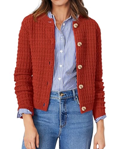 PRETTYGARDEN Women's Knit Cardigan Sweaters Casual Long Sleeve Open Front Button Down Trendy Jackets Outerwear (Orange Red,Large)
