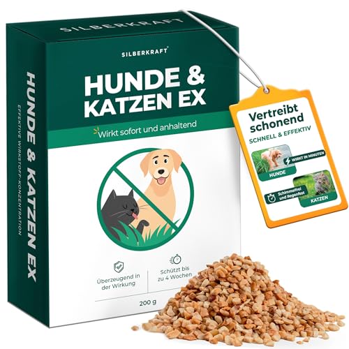 Silberkraft Hunde und Katzen EX Granulat 200g, Hund & Katze von deinem Grundstück fernhalten, Hundeabwehr & Katzenvertreiber, Alternative zu Sprays, Gittern oder Ultraschallgeräten