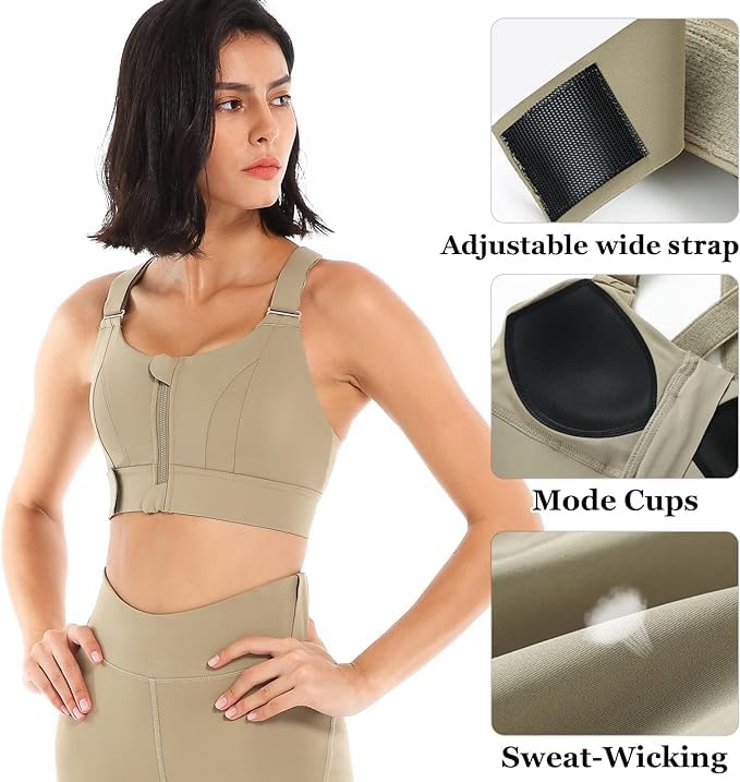 Image of PLUMBURY Women's Polyester Blend Padded Front Zip Plus Size Full Coverage High Support Velcro Adjustable Sports Bra For Workout Gym