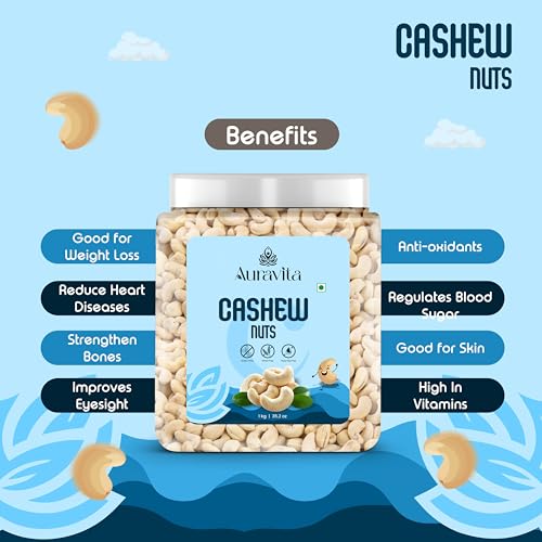 Image of Auravita Premium Whole Cashews 1kg | Natural and Unsalted Kaju Ideal for Dieting, Snacking, Cooking, and Baking | Protein Rich Kajau Dry Fruits Perfect for Gifting