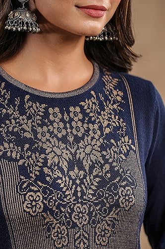 Image of Ishin Womens Polyester Straight Fit Jacquard Style Ethnic Motifs Winterwear Kurta