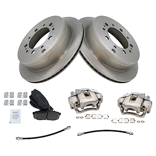Image of TRQ Rear Brake Pad and Rotor Set Ceramic Vented Rotors Calipers Hoses Compatible with 2013-2015 Lexus LX570 Land Cruiser