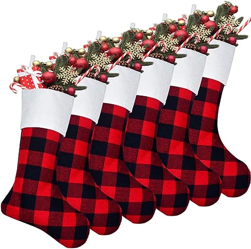6 Pack Red Black Plaid Christmas Stockings 18 Inch (46 cm), Large Cotton Linen Holiday Decor, CompatibleDecoration Holiday Season Party Decor，Fengea