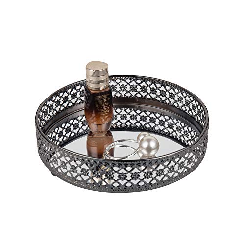 Feyarl Real Glass Mirror Surface Black Vanity Makeup Tray Ornate Jewelry Anti- Scratch Mirrored Tray Organizer Cosmetic Perfume Bottle Decorative Tray for Home Dresser Bedroom Deco (7.87)