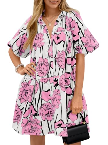 Wenrine Women's Summer Button Down Shirt Dress Floral Puff Short Sleeve Casual Loose Fit Beach Mini Dresses