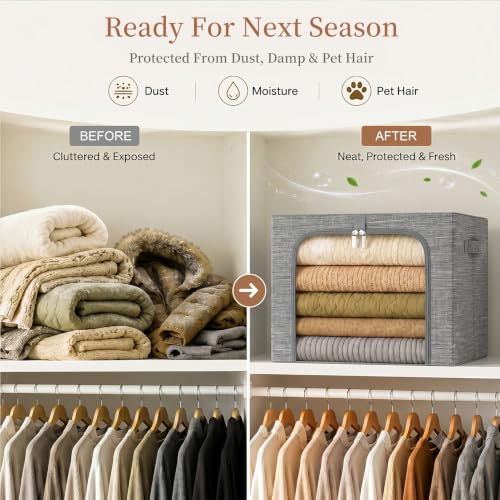 Image of GoMaihe Clothes Storage Bin with Metal Frame: 6-Pack Stackable Closet Storage Bin with Lid & Clear Window, Sweater Boxes Storage for Closet Bedding Clothing Storage Organizer 40L