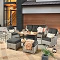 CAODOC Patio Furniture Sets,Outdoor Sofa with Swivel Rocker Chairs and Fire Pit Table,7 Pieces All Weather PE Wicker Conversation set and Matching Side Table,Grey Wicker Black Cushion