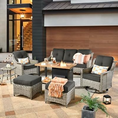 CAODOC Patio Furniture Sets,Outdoor Sofa with Swivel Rocker Chairs and Fire Pit Table,7 Pieces All Weather PE Wicker Conversation set and Matching Side Table,Grey Wicker Black Cushion