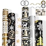 Papier Cadeau Noel, 6 Rouleaux Papier Cadeau Rouleau Recyclable, 43×300CM Noir, Or, Blanc...