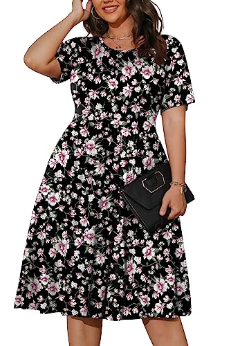 Image of POSESHE Womens Plus Size Summer Dress 2026 Casual Short Sleeve Empire Waist Loose Fit Swing T-Shirt Dress with Pockets
