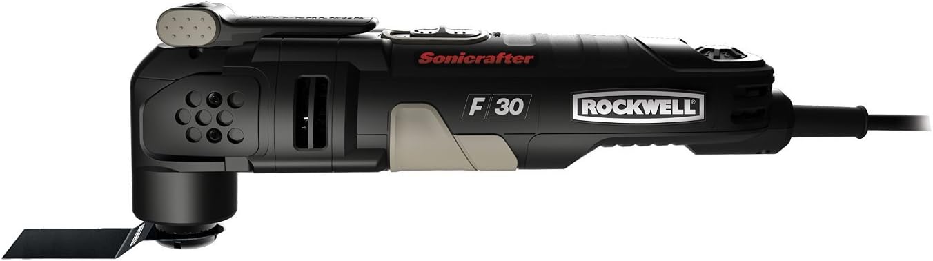 Side view of the Rockwell Sonicrafter F30 multi-tool, highlighting its ergonomic design and controls.