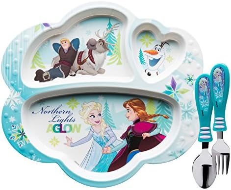 Zak Designs Frozen Dinnerware Melamine 3-Section Divided Plate and Utensil Made of Durable Material and Perfect for Kids, 3 Piece Set, Disney Frozen 3pc