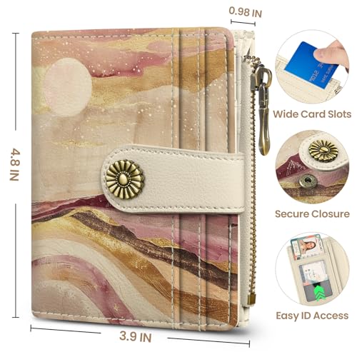 Image of Small Wallet for Women, RFID Blocking Bifold Card Holder Wallet with 10 Card Slots, Cash Compartment, Zipper Coin Pocket & ID Window, Cute Soft Vegan Leather Compact Wallet, Landscape