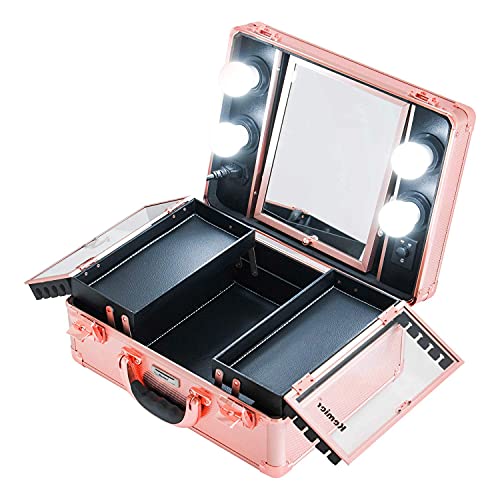 Kemier Makeup Train Case - Cosmetic Organizer Box Makeup Case with Lights and Mirror / Makeup Case with Customized Dividers / Large Makeup Artist Organizer Kit (Rose Gold)
